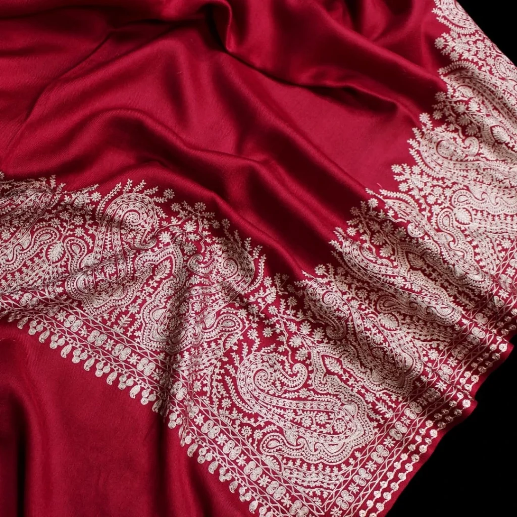 Dark Red Handwoven Pashmina Shawl with Aari Embroidery For Women